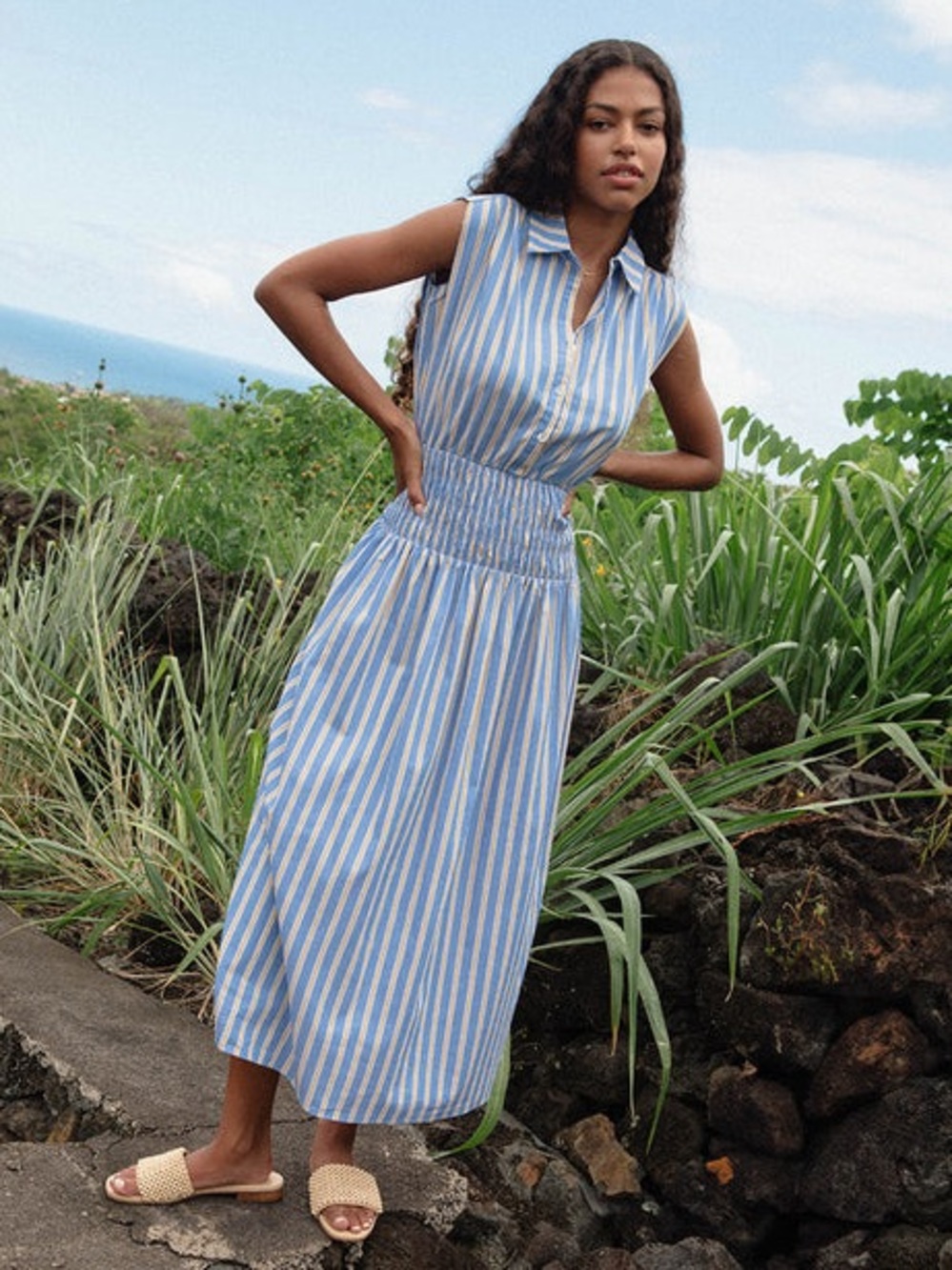 SAYLOR Edna Dress Size Medium M Smocked waist Blue & yellow Stripes EUC